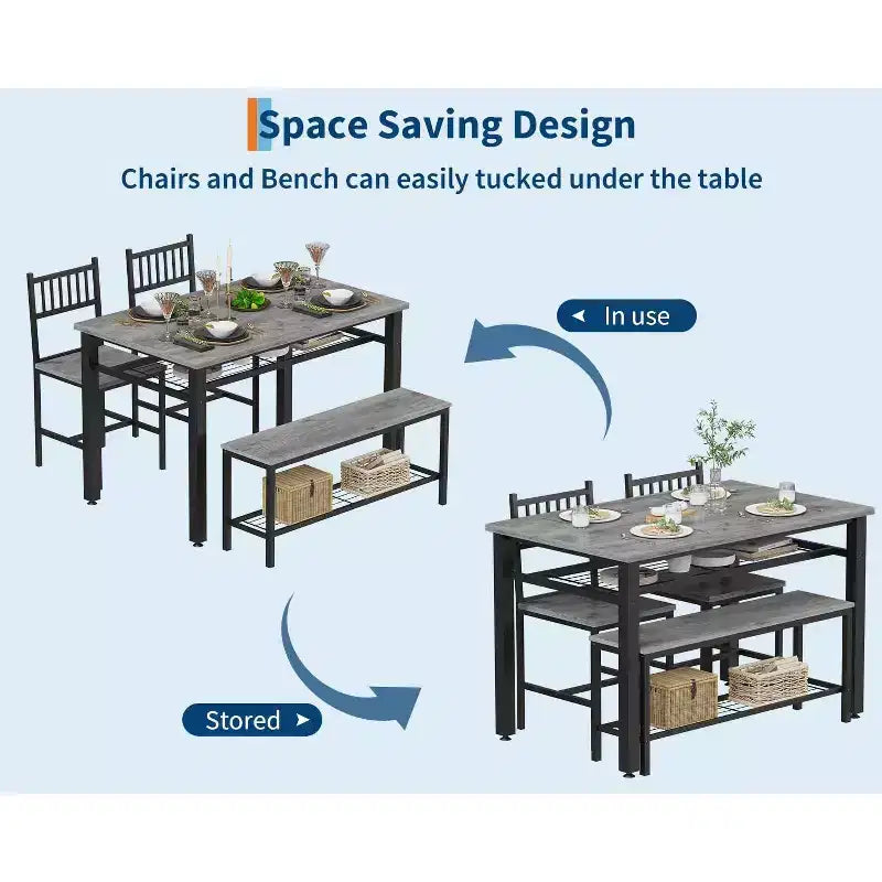 4 Piece Kitchen Table Set for Small SpaceModern Dining Table Set2 Chairs,1 Bench,1 Table,47 Rectangular Dining Room Set with Storage Bench