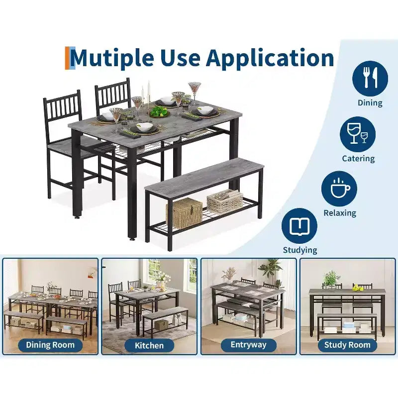 4 Piece Kitchen Table Set for Small SpaceModern Dining Table Set2 Chairs,1 Bench,1 Table,47 Rectangular Dining Room Set with Storage Bench