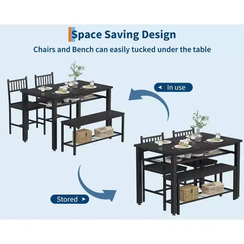 4 Piece Kitchen Table Set for Small SpaceModern Dining Table Set2 Chairs,1 Bench,1 Table,47 Rectangular Dining Room Set with Storage Bench