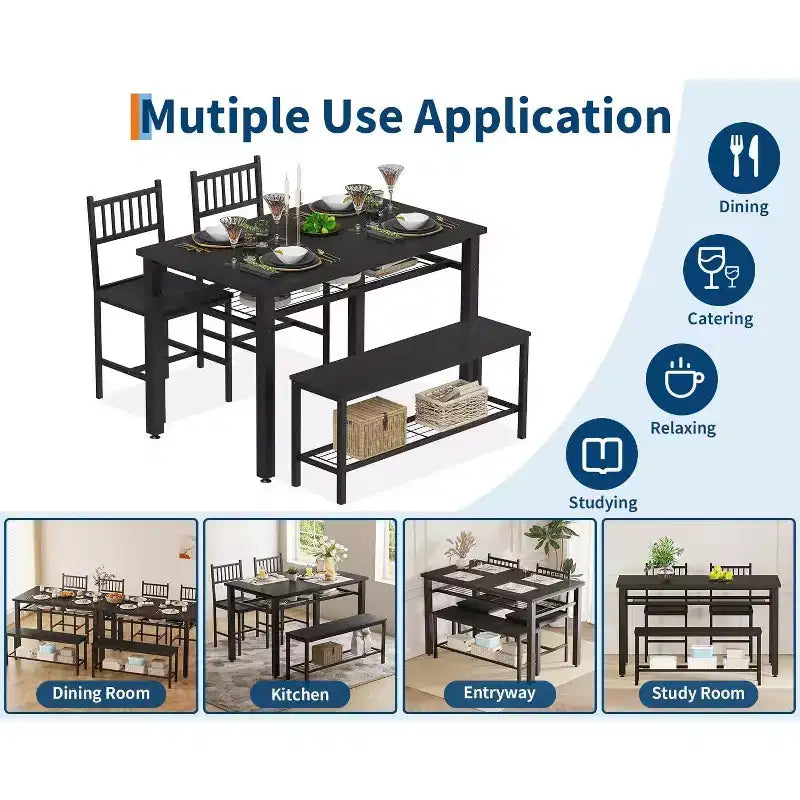 4 Piece Kitchen Table Set for Small SpaceModern Dining Table Set2 Chairs,1 Bench,1 Table,47 Rectangular Dining Room Set with Storage Bench