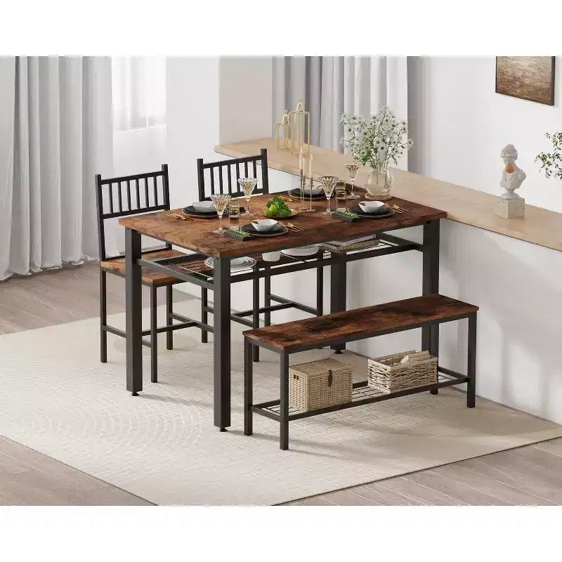 4 Piece Kitchen Table Set for Small SpaceModern Dining Table Set2 Chairs,1 Bench,1 Table,47 Rectangular Dining Room Set with Storage Bench