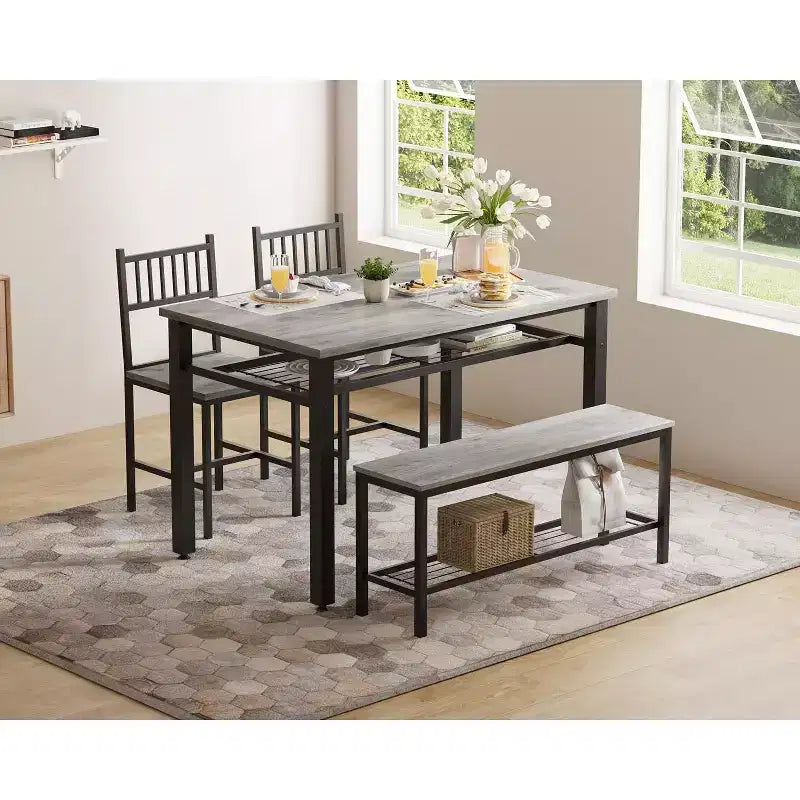 4 Piece Kitchen Table Set for Small SpaceModern Dining Table Set2 Chairs,1 Bench,1 Table,47 Rectangular Dining Room Set with Storage Bench