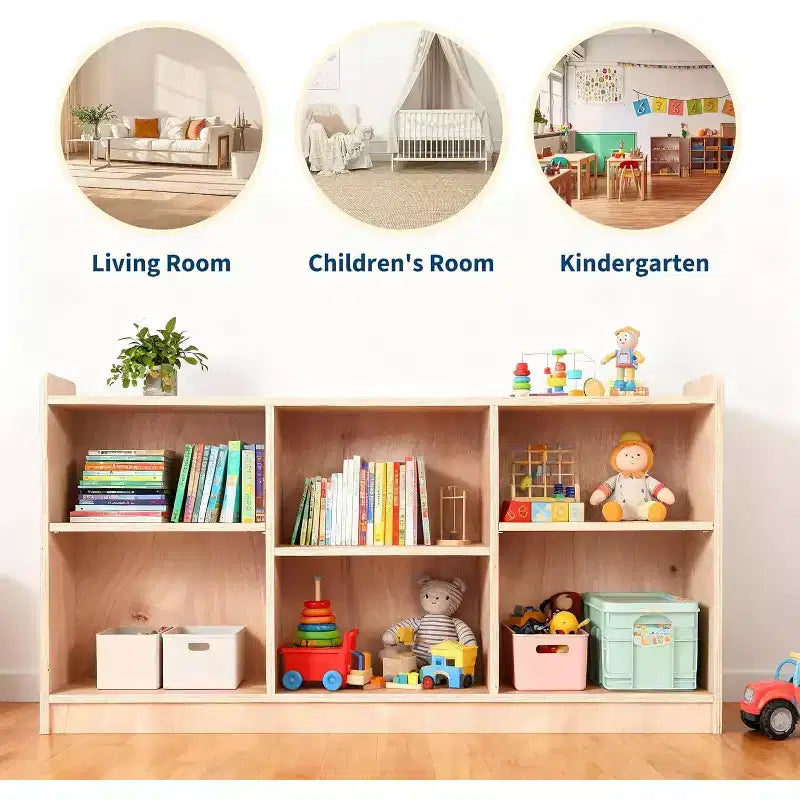 Wooden Storage Shelf,5-Compartment Toy & Book Organizer with Adjustable Dividers, Natural Finish Kids' Bookcase for Playrooms, Nurseries & Classrooms