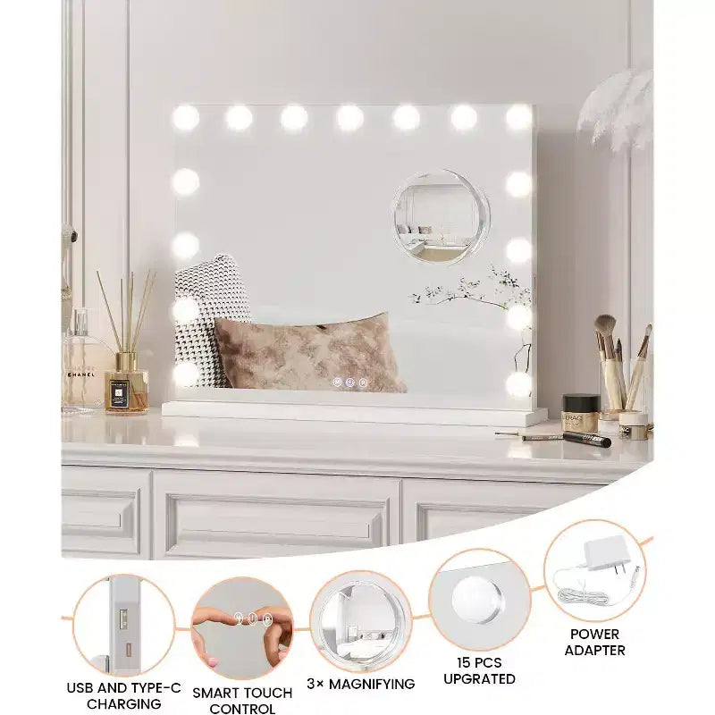 Vanity Mirror with Lights, Large Makeup Mirror with 3 Color Lighting Dimmable, Smart Touch Control, Rotation Vanity Mirror