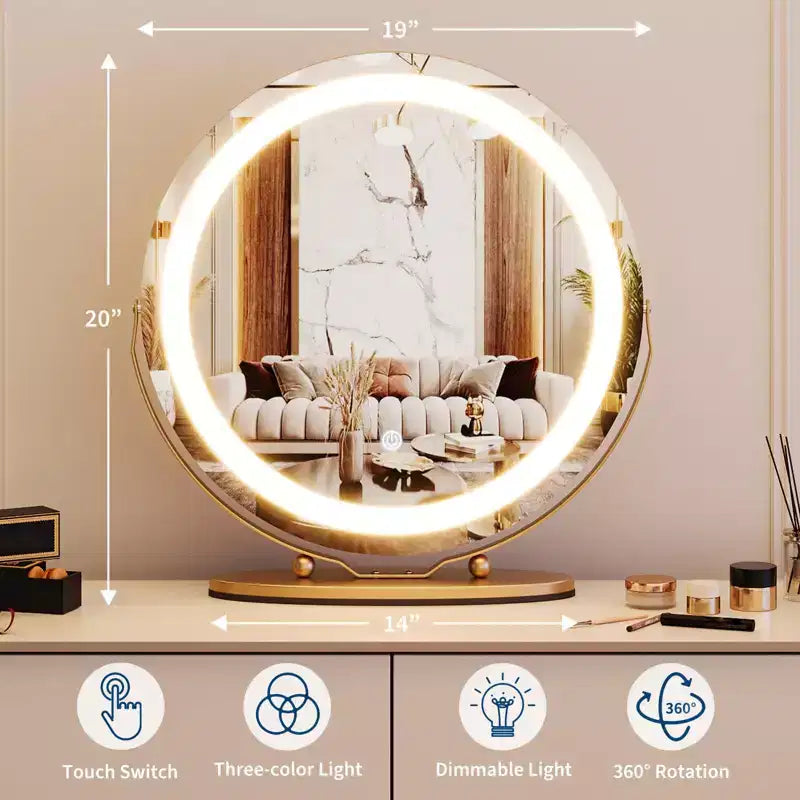 Vanity Mirror with Lights, Large Makeup Mirror with 3 Color Lighting Dimmable, Smart Touch Control, Rotation Vanity Mirror