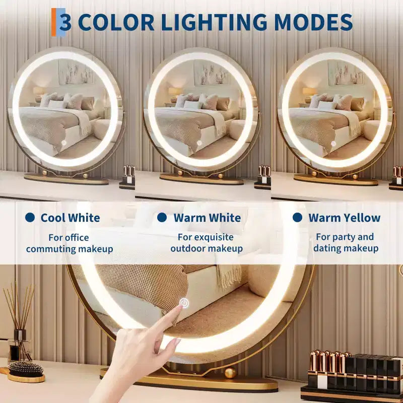 Vanity Mirror with Lights, Large Makeup Mirror with 3 Color Lighting Dimmable, Smart Touch Control, Rotation Vanity Mirror