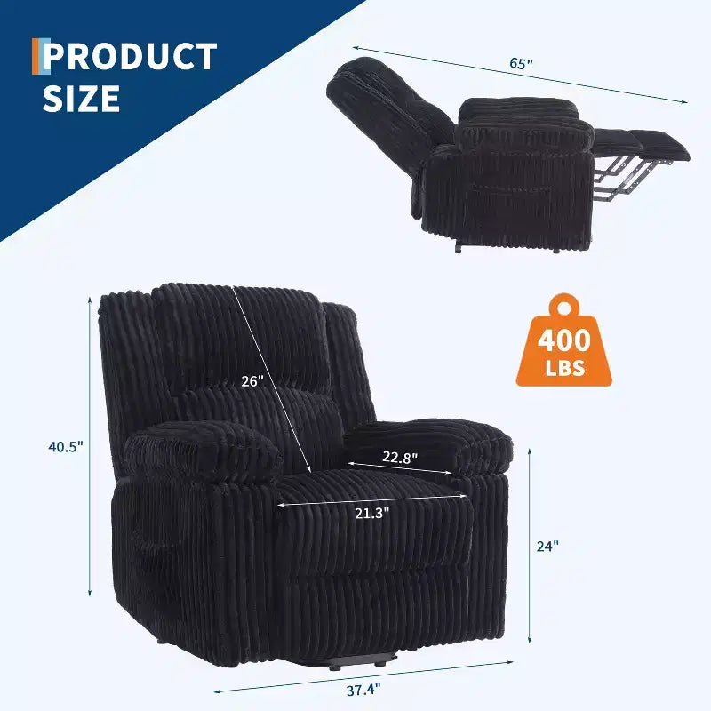 Corduroy Recliner Chair, Manual Recliner Sofa with Handle, Pillow Top Arms, Thick Padding, Side Pocket, Living Room, Bedroom, Home Theater, Dark Gray