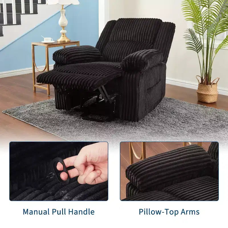 Corduroy Recliner Chair, Manual Recliner Sofa with Handle, Pillow Top Arms, Thick Padding, Side Pocket, Living Room, Bedroom, Home Theater, Dark Gray