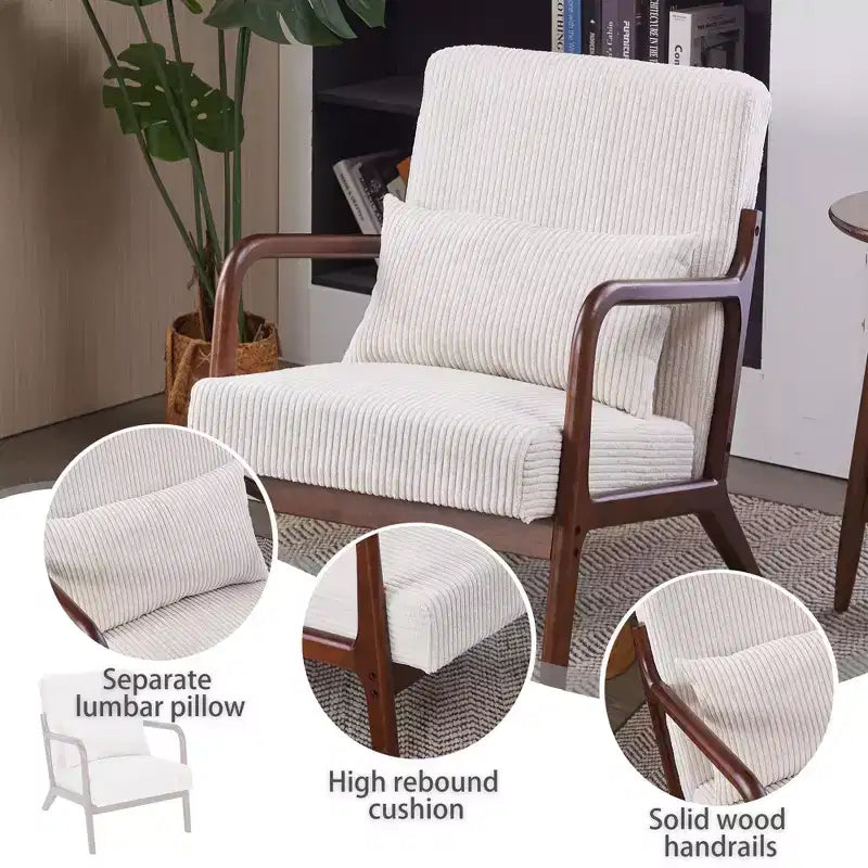 TUYOHW Mid-Century Modern Accent Chair,Upholstered Armchair with Pillow,Rubberwood Frame,Reading Chair for Living Room,Bedroom,Balcony
