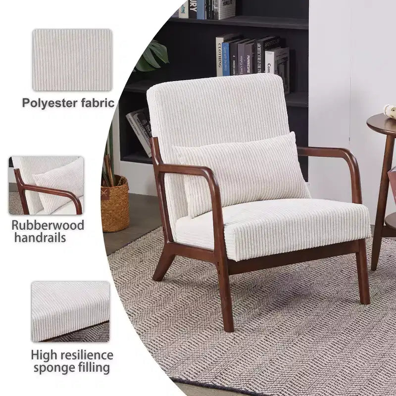TUYOHW Mid-Century Modern Accent Chair,Upholstered Armchair with Pillow,Rubberwood Frame,Reading Chair for Living Room,Bedroom,Balcony
