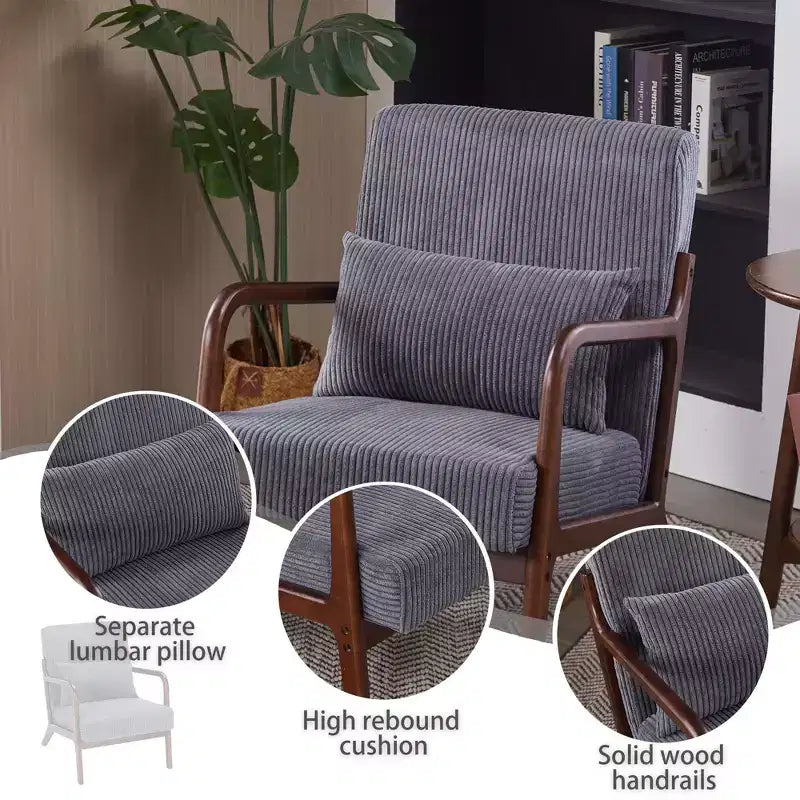 TUYOHW Mid-Century Modern Accent Chair,Upholstered Armchair with Pillow,Rubberwood Frame,Reading Chair for Living Room,Bedroom,Balcony