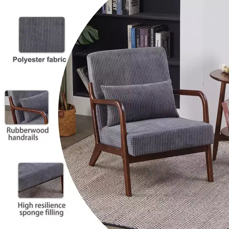 TUYOHW Mid-Century Modern Accent Chair,Upholstered Armchair with Pillow,Rubberwood Frame,Reading Chair for Living Room,Bedroom,Balcony