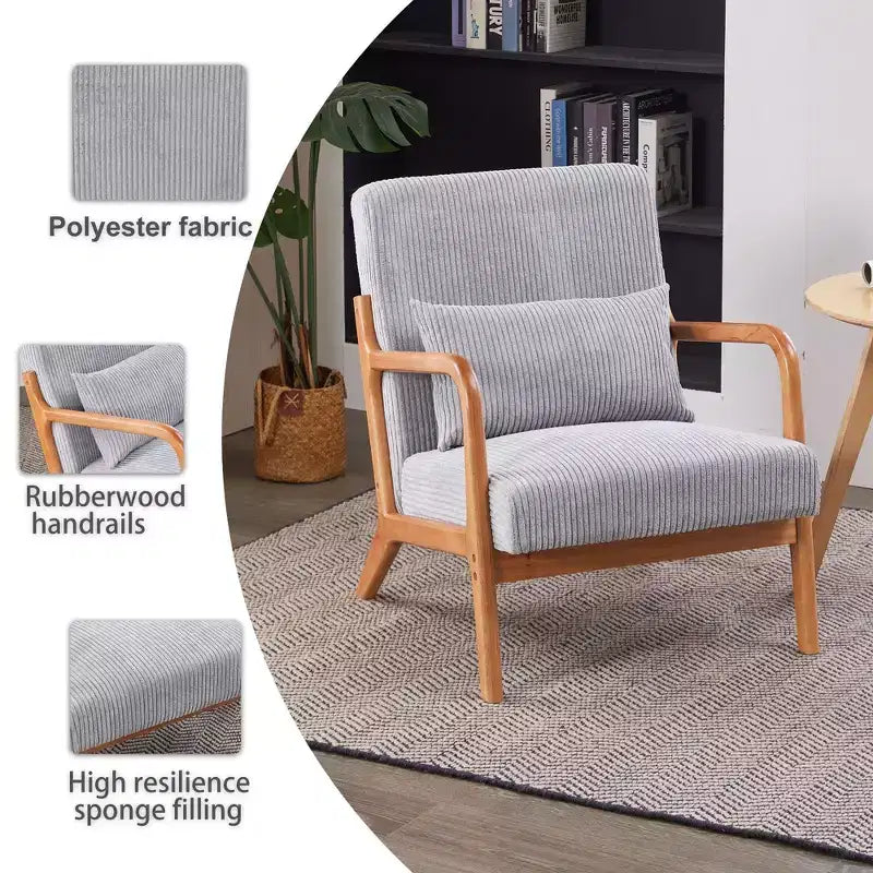 TUYOHW Mid-Century Modern Accent Chair,Upholstered Armchair with Pillow,Rubberwood Frame,Reading Chair for Living Room,Bedroom,Balcony