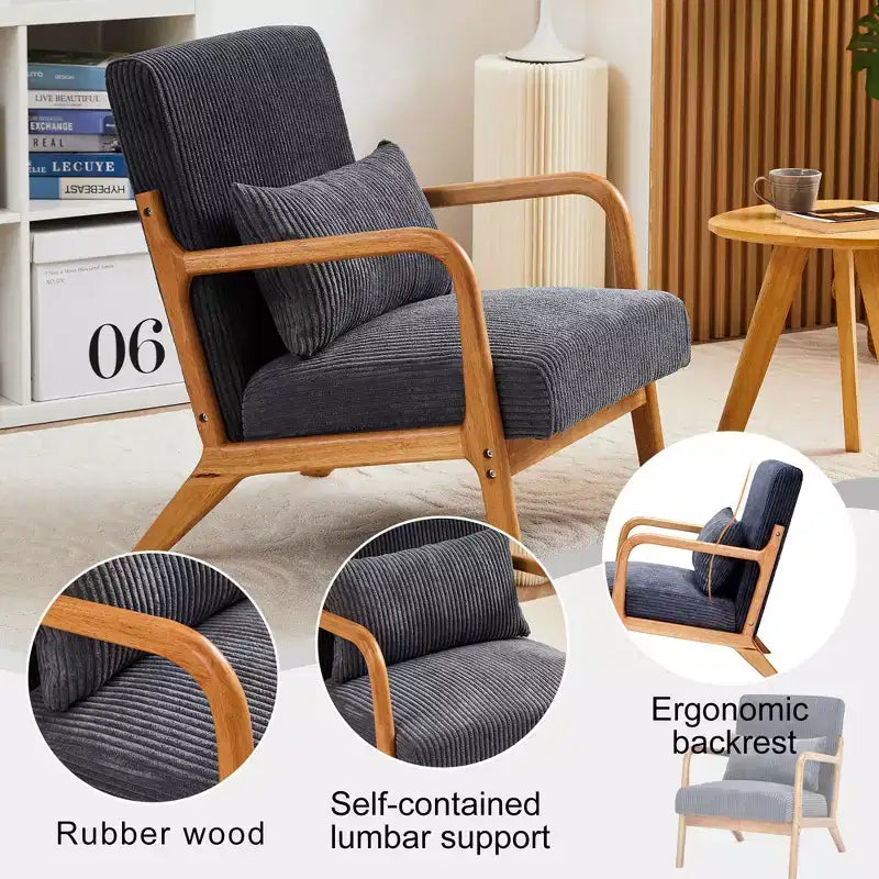 TUYOHW Mid-Century Modern Accent Chair,Upholstered Armchair with Pillow,Rubberwood Frame,Reading Chair for Living Room,Bedroom,Balcony