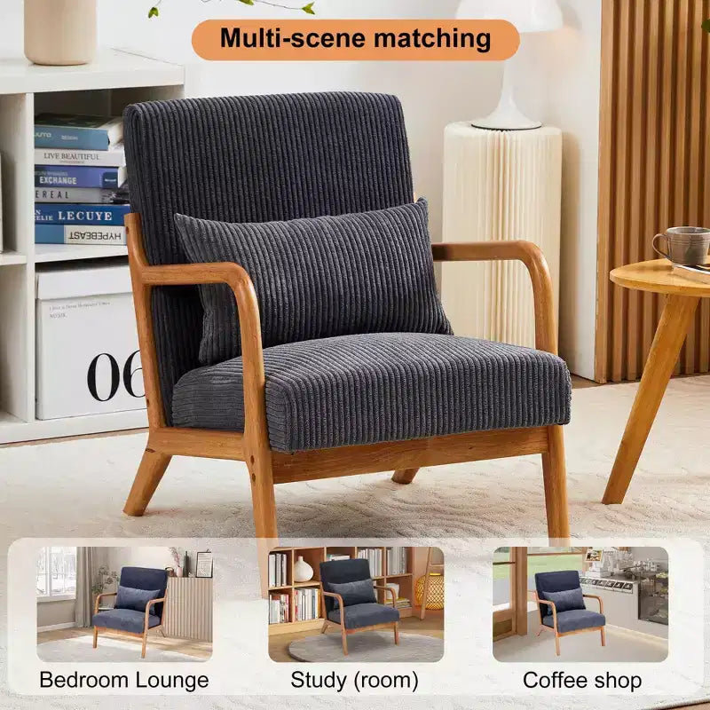 TUYOHW Mid-Century Modern Accent Chair,Upholstered Armchair with Pillow,Rubberwood Frame,Reading Chair for Living Room,Bedroom,Balcony