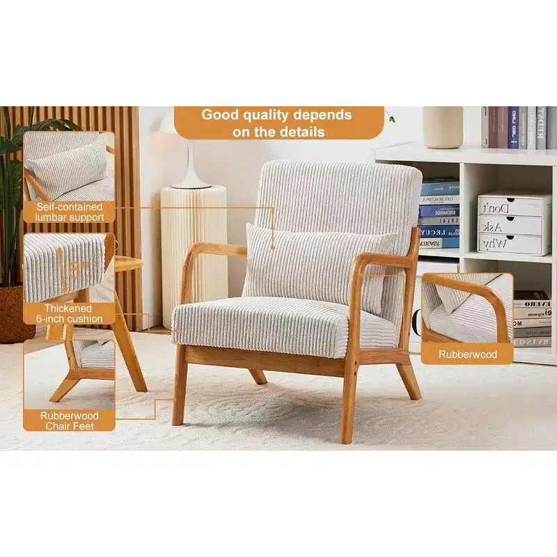 TUYOHW Mid-Century Modern Accent Chair,Upholstered Armchair with Pillow,Rubberwood Frame,Reading Chair for Living Room,Bedroom,Balcony