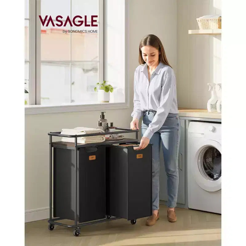 Laundry Sorter with Wheels, 26.4 Gal Rolling Cart with 2 Removable Liners & 6 Labels, Top Shelf for Detergent, Portable Hamper, Ink Black