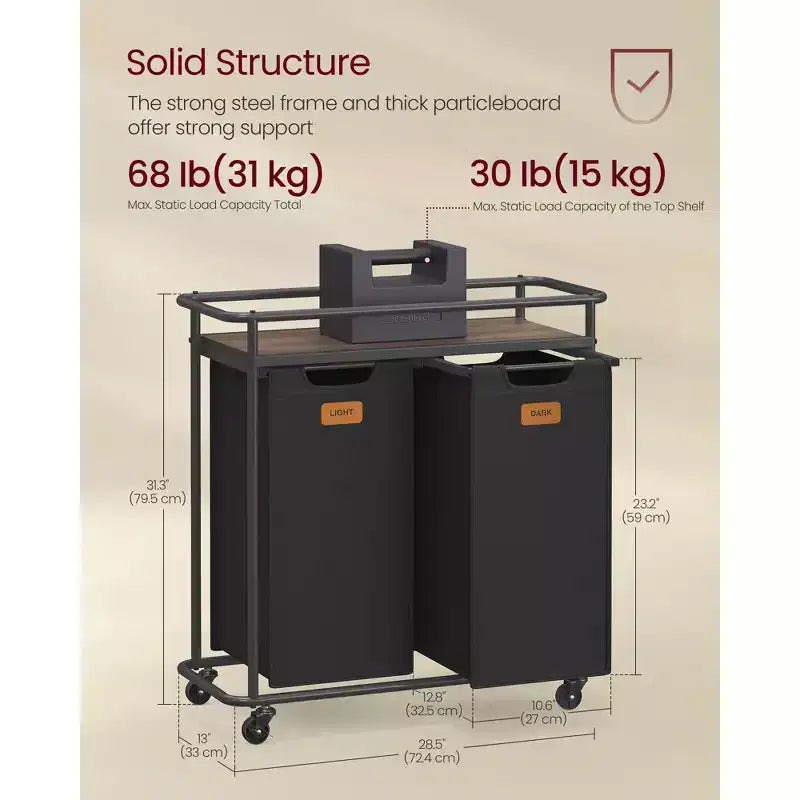Laundry Sorter with Wheels, 26.4 Gal Rolling Cart with 2 Removable Liners & 6 Labels, Top Shelf for Detergent, Portable Hamper, Ink Black