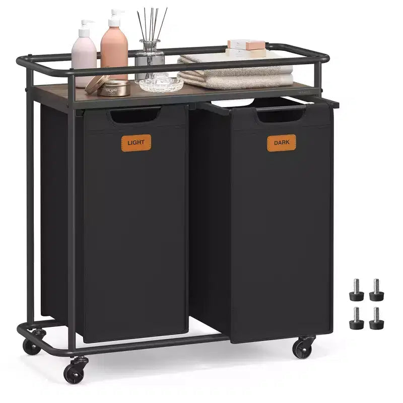 Laundry Sorter with Wheels, 26.4 Gal Rolling Cart with 2 Removable Liners & 6 Labels, Top Shelf for Detergent, Portable Hamper, Ink Black