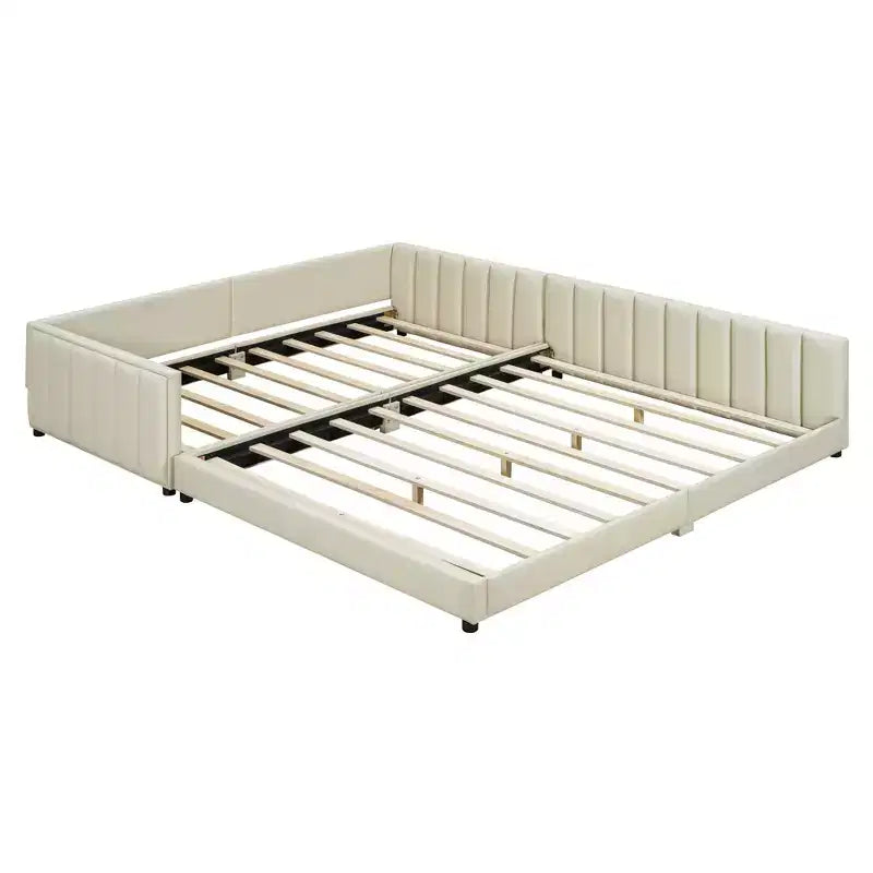 Luxystar Queen & Twin XL Upholstered Mother Child Bed Set, Convertible Daybed with PU Leather and Safety Rail