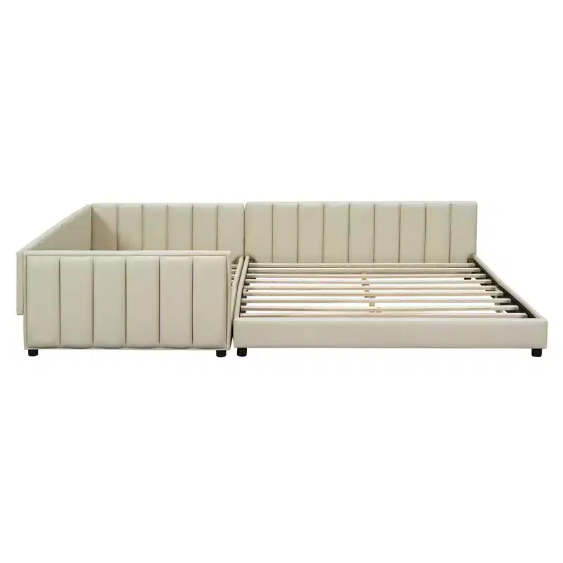 Luxystar Queen & Twin XL Upholstered Mother Child Bed Set, Convertible Daybed with PU Leather and Safety Rail
