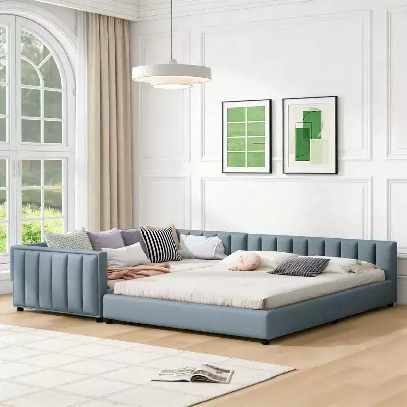 Luxystar Queen & Twin XL Upholstered Mother Child Bed Set, Convertible Daybed with PU Leather and Safety Rail