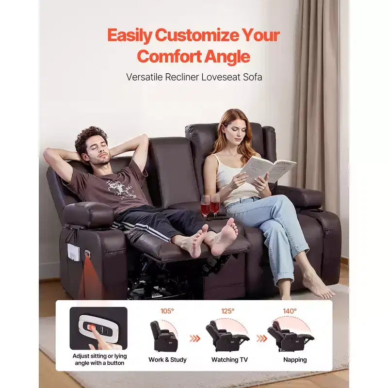 VEVOR Loveseat Recliner Sofa, Power Reclining Couch with Heating & Massage and Timer, PU Leather Electric Recliner Sofa with Center Console, Brown