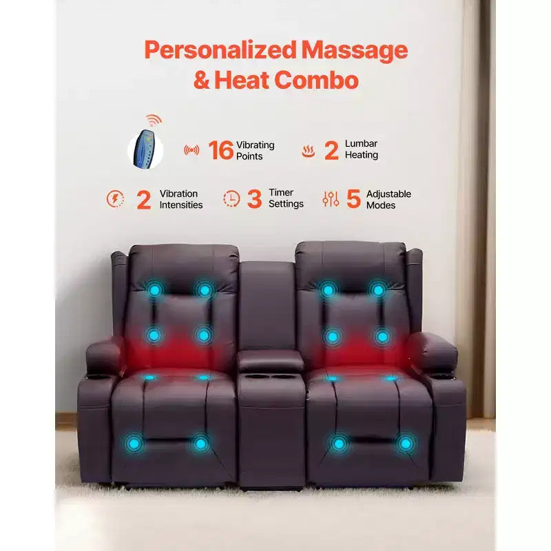 VEVOR Loveseat Recliner Sofa, Power Reclining Couch with Heating & Massage and Timer, PU Leather Electric Recliner Sofa with Center Console, Brown