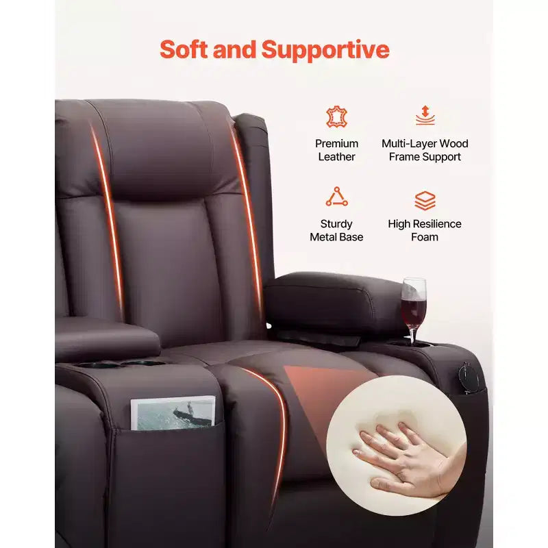 VEVOR Loveseat Recliner Sofa, Power Reclining Couch with Heating & Massage and Timer, PU Leather Electric Recliner Sofa with Center Console, Brown