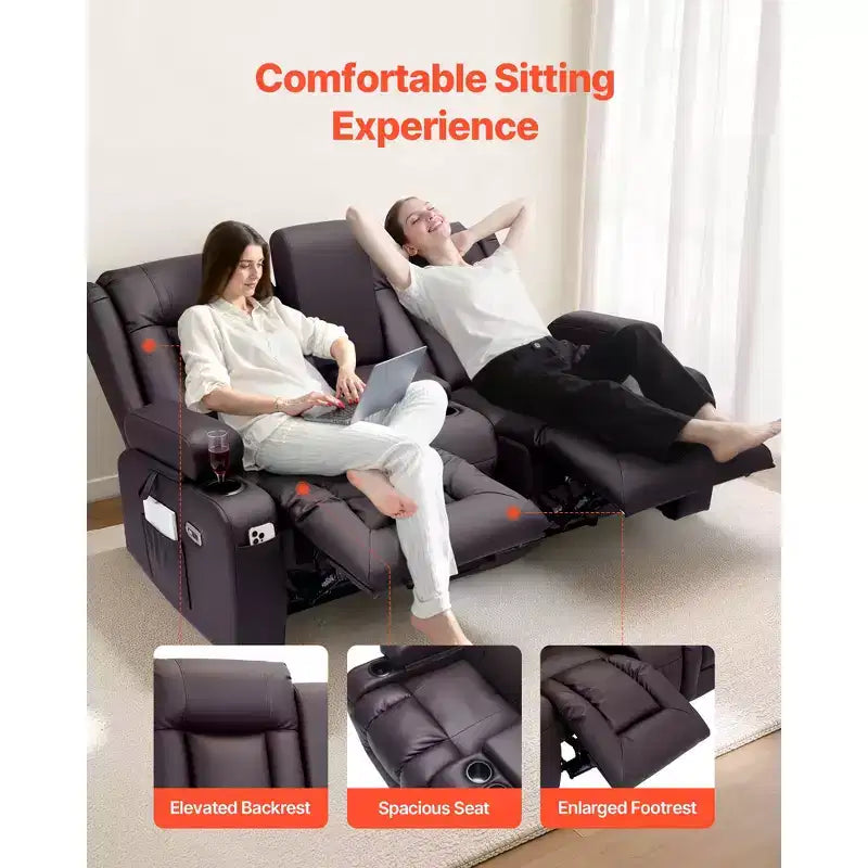 VEVOR Loveseat Recliner Sofa, Power Reclining Couch with Heating & Massage and Timer, PU Leather Electric Recliner Sofa with Center Console, Brown