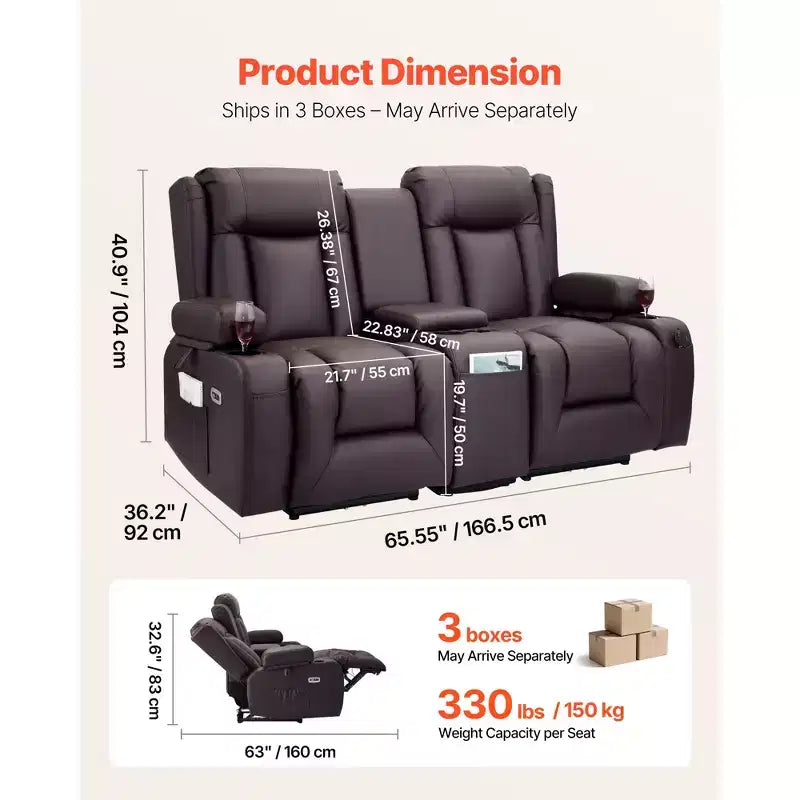 VEVOR Loveseat Recliner Sofa, Power Reclining Couch with Heating & Massage and Timer, PU Leather Electric Recliner Sofa with Center Console, Brown