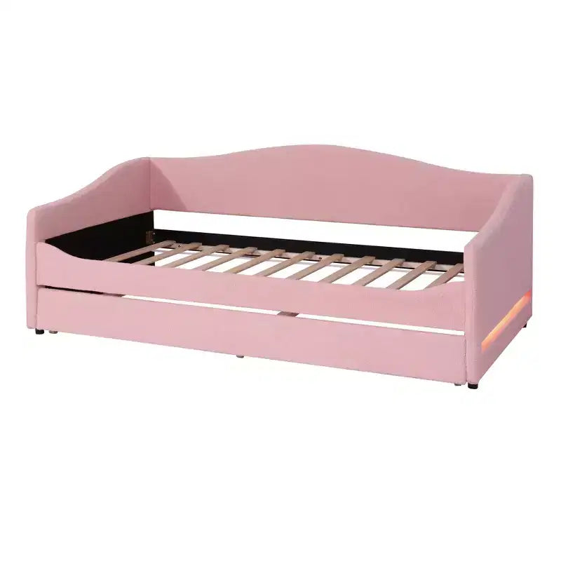 Luxystar Twin Size Teddy Fleece Upholstered Daybed with LED Light and Trundle
