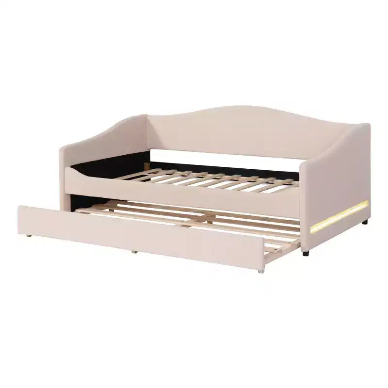 Luxystar Twin Size Teddy Fleece Upholstered Daybed with LED Light and Trundle