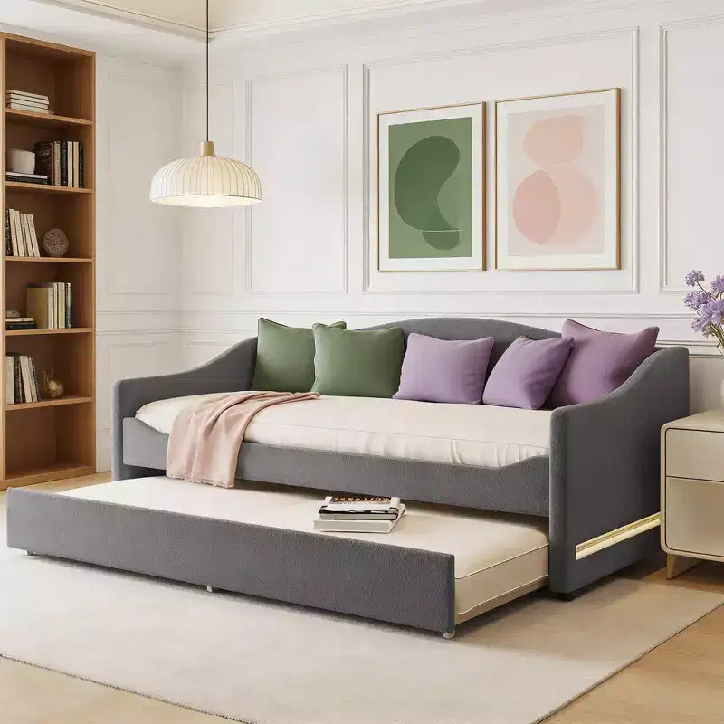 Luxystar Twin Size Teddy Fleece Upholstered Daybed with LED Light and Trundle