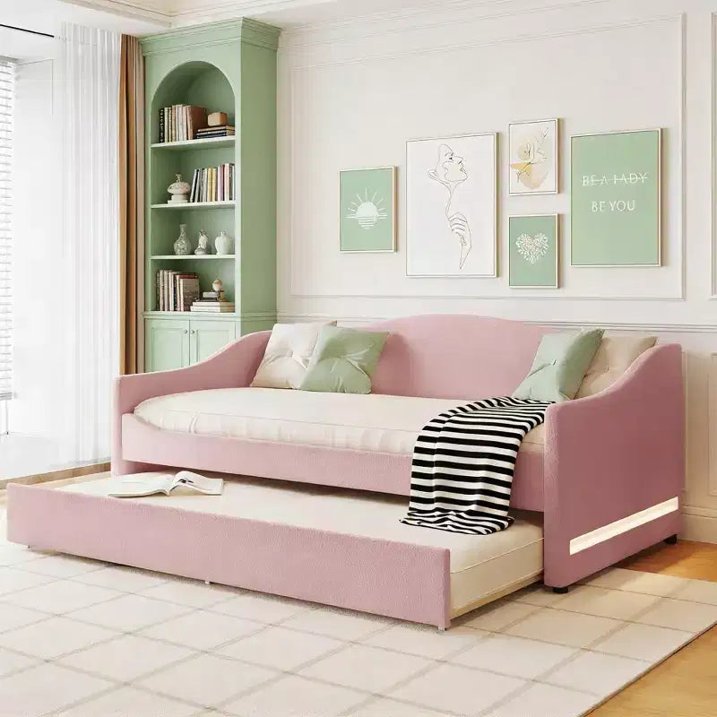 Luxystar Twin Size Teddy Fleece Upholstered Daybed with LED Light and Trundle