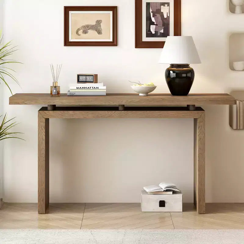 Uniquely designed ash veneer console table features a modern, minimalist style and a cleverly designed tabletop, suitable