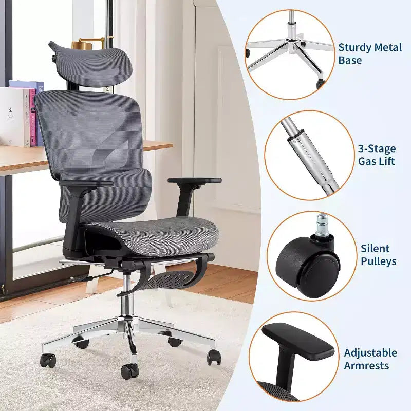 Sedia da ufficio ergonomica Acekool in rete con poggiapiedi, braccioli 4D e supporto lombare regolabile per casa o sala giochi