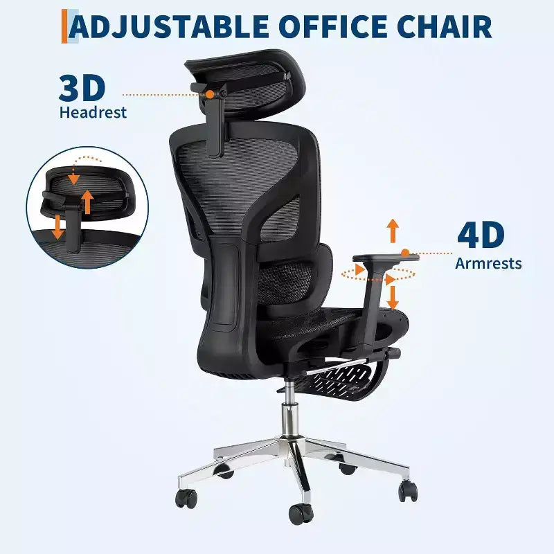 Sedia da ufficio ergonomica Acekool in rete con poggiapiedi, braccioli 4D e supporto lombare regolabile per casa o sala giochi