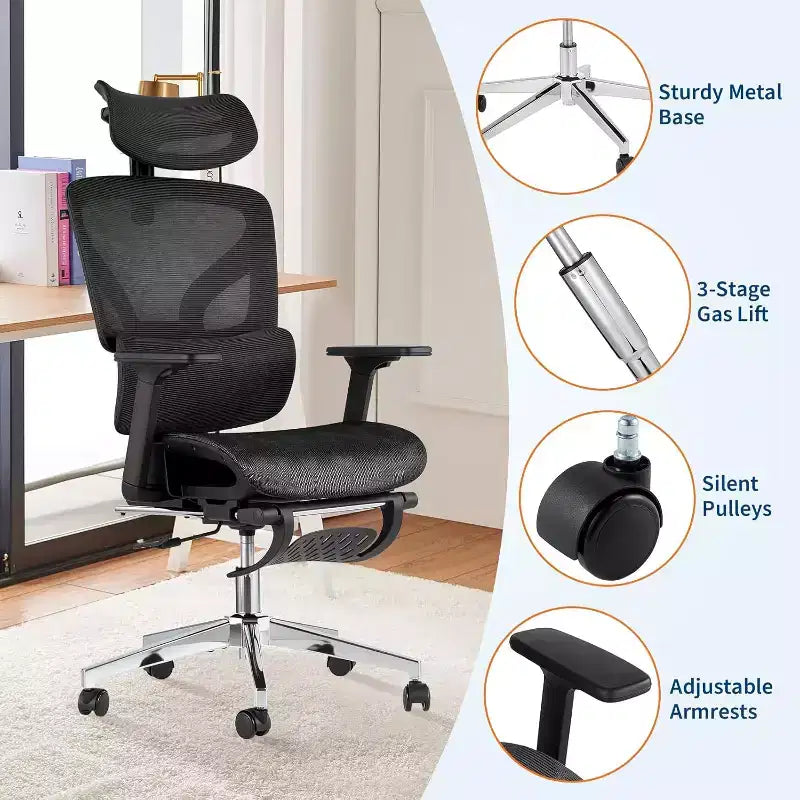 Sedia da ufficio ergonomica Acekool in rete con poggiapiedi, braccioli 4D e supporto lombare regolabile per casa o sala giochi