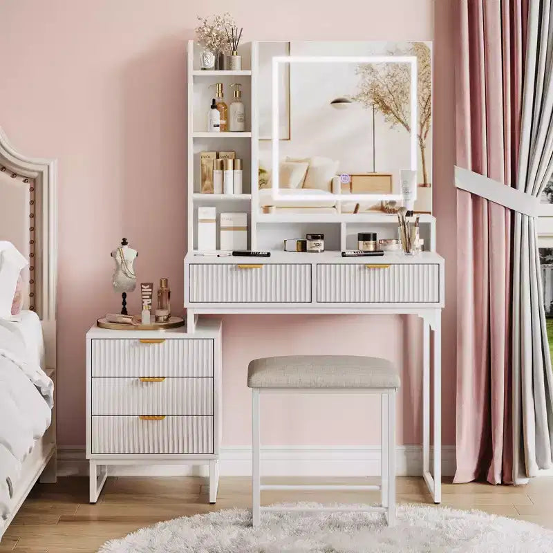 Makeup Vanity Desk with Mirror, Vanity Table Set With Cushioned Stool, Dressing Table With 5 Large Drawers, Bedroom Vanity for Women