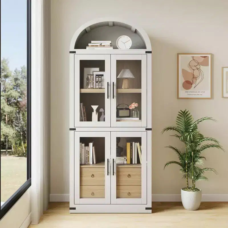 Arched Bookshelf, Tall Bookcase with Doors and Drawers Farmhouse Storage Cabinet Bookshelves for Home Office, Living Room, Bedroom