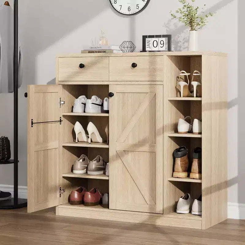 Shoe Storage Cabinet with Doors and Drawers, 42'' Tall Modern Shoe Cabinet with Adjustable Shelves and Stable Base, 4-Tier Shoes Cabinet