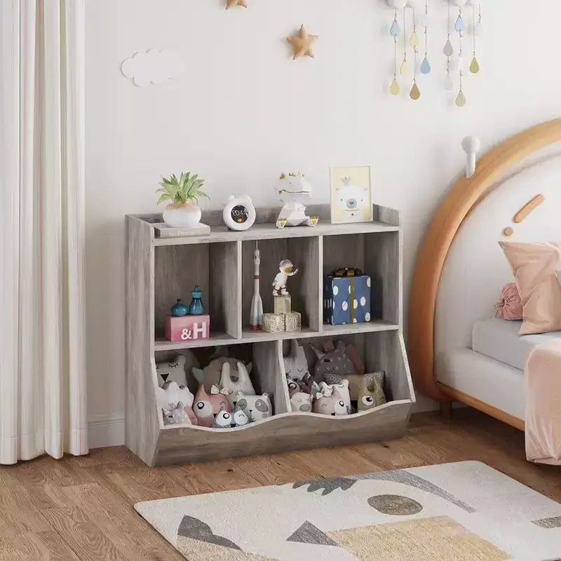 COZONY Kids Toy Storage Cabinet, 2-Piece Toy Bookshelf & Cubby Organizer with Bins, Bookcase for Bedroom & Playroom, Gray
