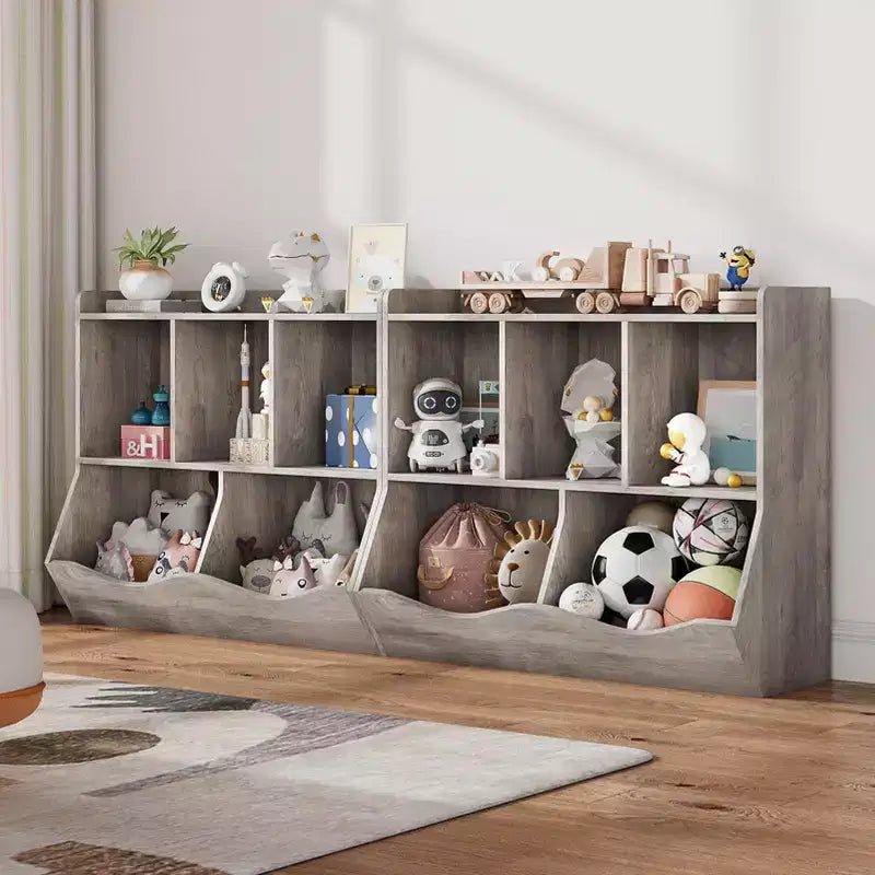 COZONY Kids Toy Storage Cabinet, 2-Piece Toy Bookshelf & Cubby Organizer with Bins, Bookcase for Bedroom & Playroom, Gray