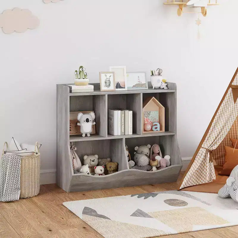 COZONY Kids Toy Storage Cabinet, 2-Piece Toy Bookshelf & Cubby Organizer with Bins, Bookcase for Bedroom & Playroom, Gray