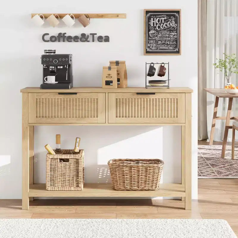 COZONY 43 Fluted Console Table with Burlywood 2 Drawers, 2-Tier Wooden Entryway Sofa Table