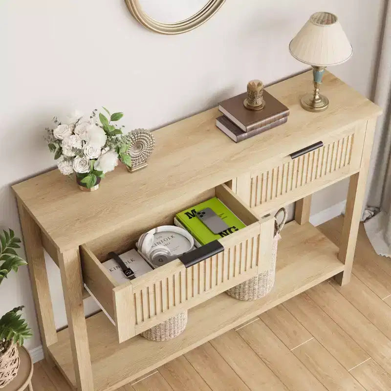 COZONY 43 Fluted Console Table with Burlywood 2 Drawers, 2-Tier Wooden Entryway Sofa Table