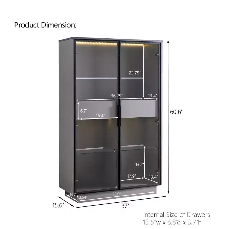 60.6 Tall Display Cabinet with Drawers and Glass Shelves, Modern Storage Unit with LED Lights For Living Room - Panipeachy