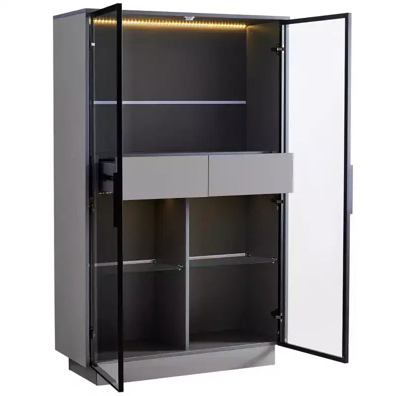 60.6 Tall Display Cabinet with Drawers and Glass Shelves, Modern Storage Unit with LED Lights For Living Room - Panipeachy