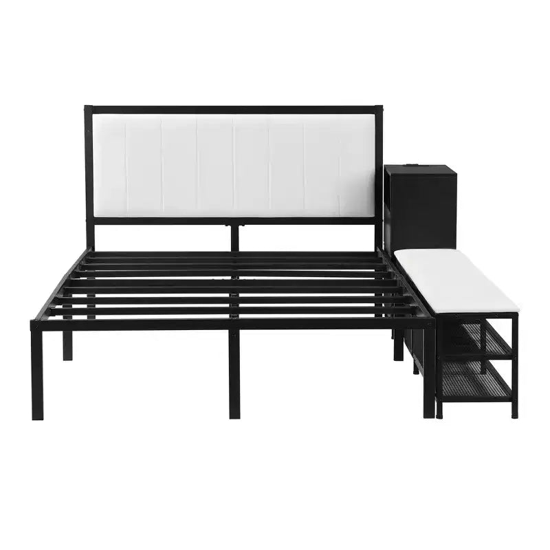 Luxystar Full Size Metal Platform Bed with Upholstered Headboard, 2-Tier Storage Shelves, Wooden Storage Cabinet and USB Charging Ports